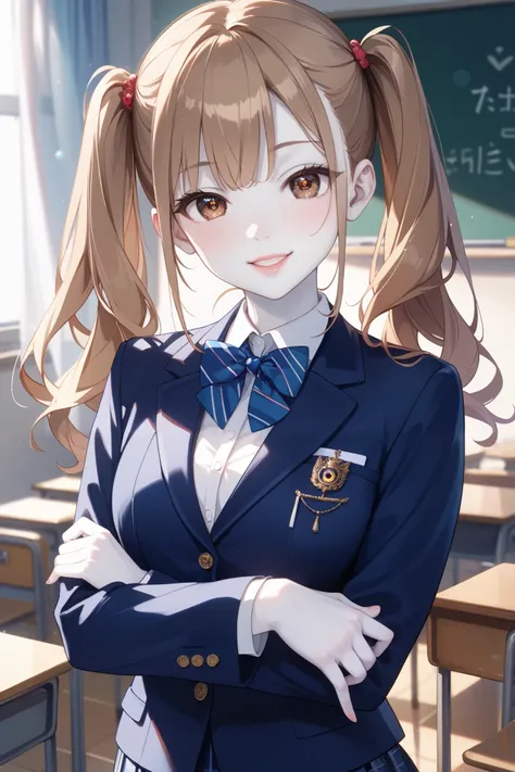  Masterpiece、 top quality、 ultra high resolution、( realistic as pictured :1.4)、(( Portrait of a 16-year-old Japanese high school girl 、 in the background, )),  big smile 、 upper body:1.5、 indoor、 blackboard 、Classroom with closed curtains,  from the front:...