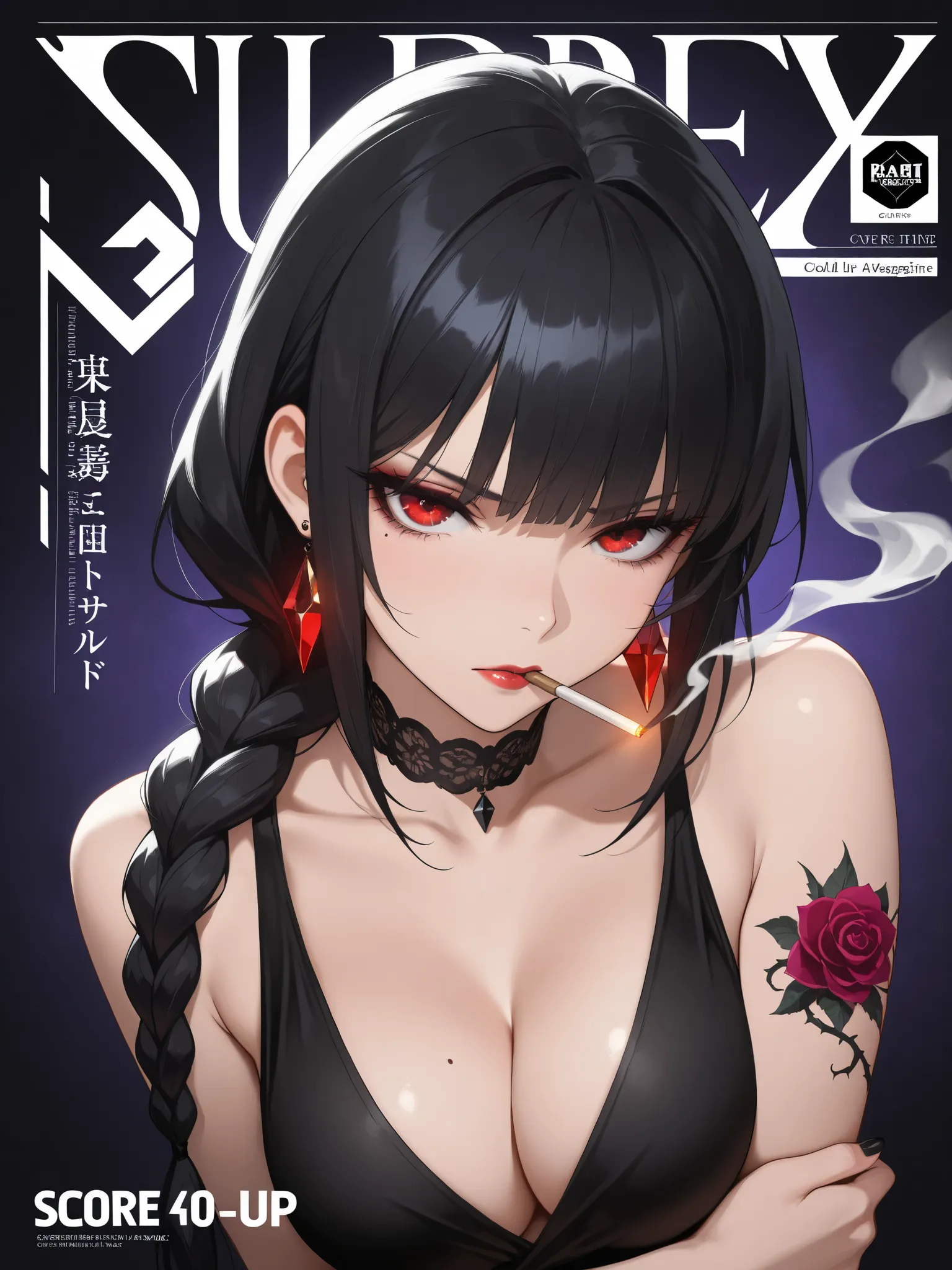 1girl, solo, mafia boss, villain, mature woman, sophisticated woman, angry, tall woman, long hair, straight bangs, even bangs, jet black hair, dark black hair, braided hair, low ponytail, busty petite, tiny mole under right eye, fair complexion, curvaceous...