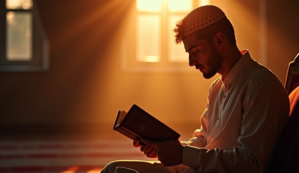  an islamic handsome man , reading the quran , while closing her eyes , bokeh,  full of light ,  indoors 