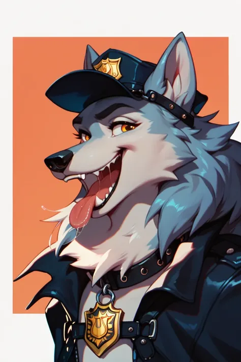 Score_9, score_8_up, score_7_up, score_6_up, Long haired wolf , wolf ears, anthropomorphic, furry, black police collar cloak, black leather collar, badge, saliva, smile, open mouth, tongue out,