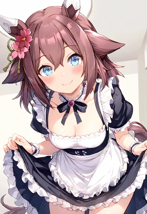 shoot from front, shoot from below, (1 girl), standing, happy, blush, leaning forward, cleavage, small breasts, maid costume, skirt lift, umamusume, Sakura Chiyono O \(umamusume\), masterpiece, best quality, absurdres, ultra detailed, very aesthetic