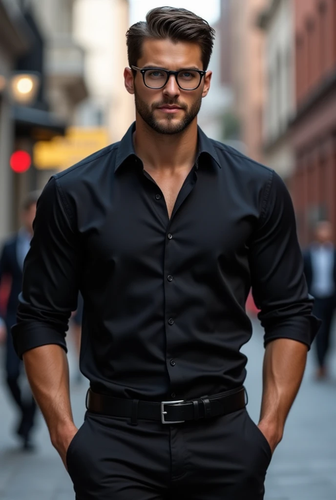 attractive European Man, ericjanicki, Handsome, short brunette hair, 30 years old, dresed as the comic book character Clark Kent, wearing a black long-sleeved shirt, black business pants with a belt, and round-rimmed glasses