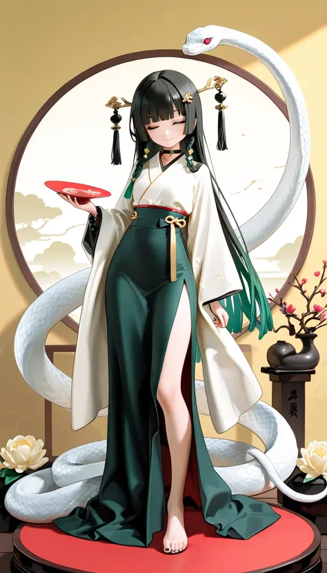 1girl, closed eyes, black long braids Hair, dark green Gradient Hair, blunt bangs, hime cut, soft smile, snake, horns, flat Breast, Traditional office suit, high waist, side slit long skirt, Choker, bare legs, foot, toenails, black nails, masterpiece, best...