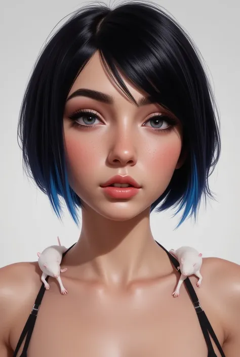  Draw a realistic 3D adult girl with thin eyebrows,  black short hair and hair parting in the middle , with beautiful bubbles ,  white rats on shoulders or arms ,  with blue-red lighting ,  freckles and bright gray eyes ,  eyebrow piercings 