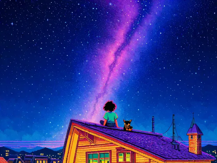 (praise),  Girl Sitting on the Roof of an Old House, Low-fi images, pixel art 、Retro,  flat at honny,2.5D,   night light  ,  Rooftop Scenery , Neonscape, Beautiful colorful night sky,star ,  Analog Color Themes  ,  fantasy , line art , Ink drawing,  Large ...