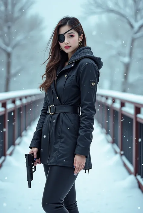 A sexy asian  girl, with a  leather eyepatch，with round earrings，smile，long hair, with pink lips, with high heels, snow,winter, bridge，gun