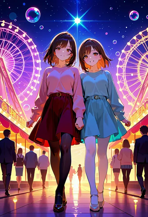 masterpiece, best quality, amazing quality, at Valentine Day, holding hands, walking, 2girl, smiling, looking at viewer, standing, brown hair, medium hair, brown eyes, right girl(long sleeve pink sweater, red skirt, black tights, brown pumps), left girl(lo...