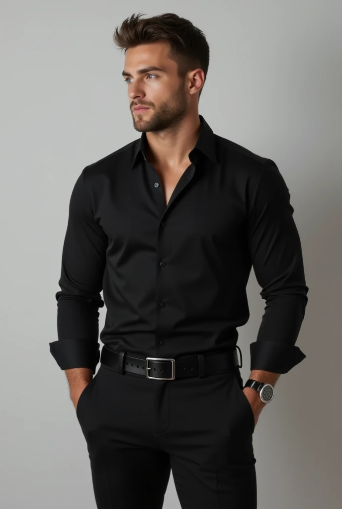 attractive European Man, ericjanicki, Handsome, short brunette hair, 30 years old, wearing a black long-sleeved shirt, black business pants with a belt