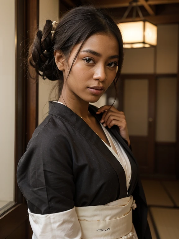 African black geisha, very dark ebony skin, dreadlocks chignon, kurotomesode kimono, close-up portrait, in japan