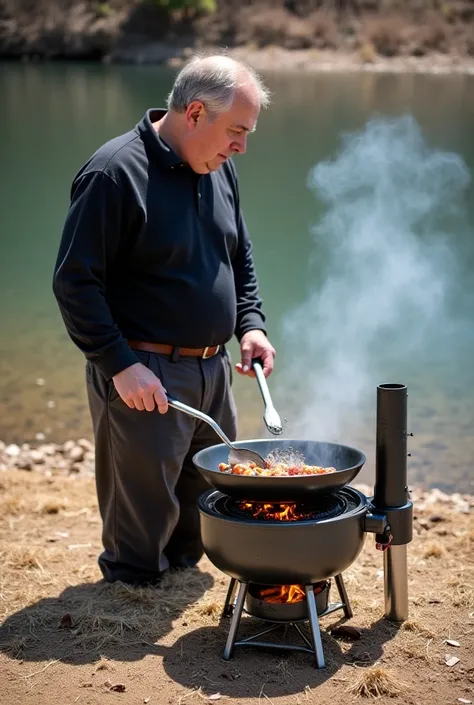  A middle-aged man of European descent, wearing a dark long-sleeved shirt and dark trousers, stood in the middle of a slightly sandy riverbank; he turned his face forward, gazing down at a dark frying pan resting on a portable metal stove with a flue pipe ...