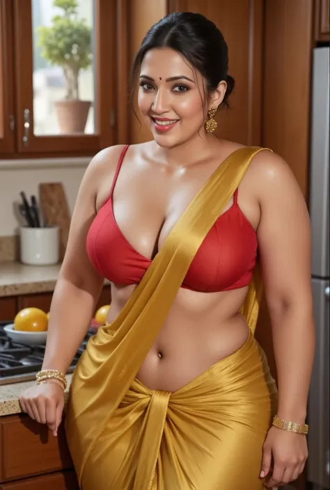 sexy indian woman in sari posing in kitchen with a stove, a picture inspired by Ambreen Butt, reddit, arabesque, indian goddess, indian, curvy model, with a seductive smile, angelawhite, beautiful thick female, gorgeous woman, thick body, voluptuous and ar...