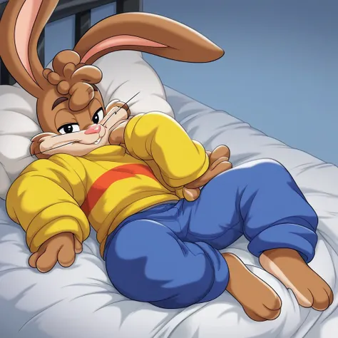 zPDXL3,quicky,4 fingers,brown fur, blue pants, yellow winter sweater, French style, sitting down on the bed in the bedroom, young 25 year old adult, 6 feet tall, cute version of quicky, cute rabbit hair, furry, rabbit, male, femboy, slim,solo,looking_at_vi...