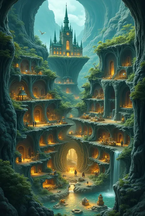 "A highly detailed cross-section illustration of a vast underground kingdom. The top layer shows the surface world with forests, mountains, and a small medieval city. Below, multiple layers reveal different subterranean environments: ancient ruins with glo...