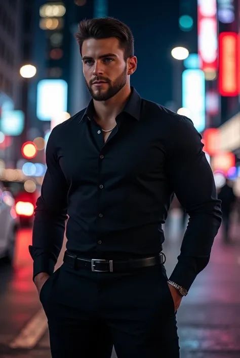 attractive European Man, ericjanicki, Handsome, short brunette hair, 30 years old, wearing a black long-sleeved shirt, black business pants with a belt, night city lighting