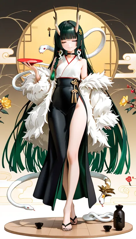  1girl , closed eyes, black long braids Hair, dark green Gradient Hair, blunt bangs, hime cut, soft smile, snake, horns, flat Breast, Traditional office suit, high waist, side slit long skirt, Choker,  bare legs, foot, toenails, black nails, masterpiece, b...