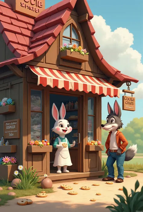 A rabbit sells cookies in a candy store shed and a wolf stands in front of the store.

