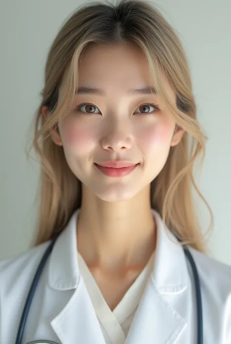 Young doctor with sweet face, blonde, korean hair, clear face