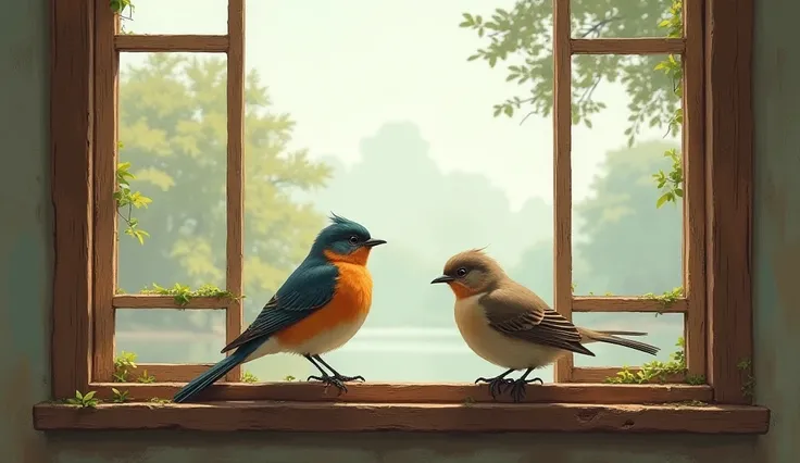 Two birds sitting on a window 