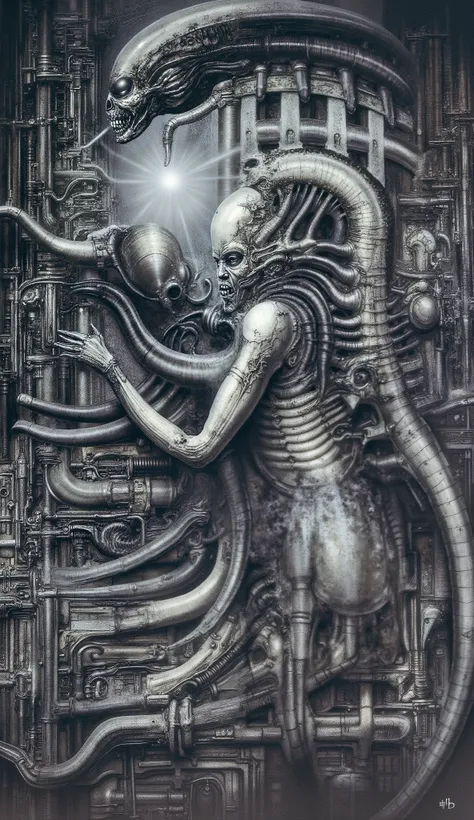 Please reproduce the original image as accurately as possible, capturing the intricate details of the biomechanical structures, the dramatic lighting, and the overall sense of unease. Find and enhance depiction of Giger's demons and creatures.(best quality...