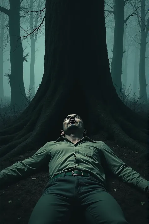 The lifeless body of a man lying beneath a large tree in the forest. His eyes are wide open in shock, and his face is frozen in terror. The eerie forest is quiet, with the haunting atmosphere lingering around the scene."