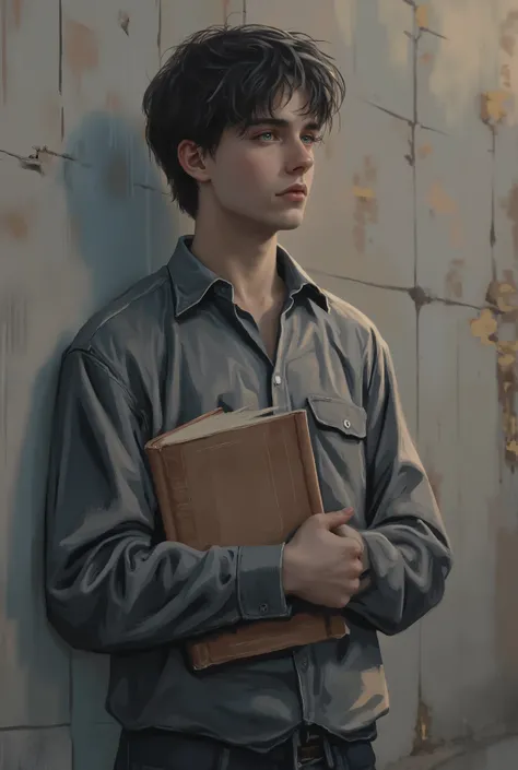A tall guy , about twenty years old, sturdy , European appearance, with European features , dark hair and light gray eyes , in a gray long-sleeved shirt with a collar ? stands at the university wall with textbooks in his hands, late evening