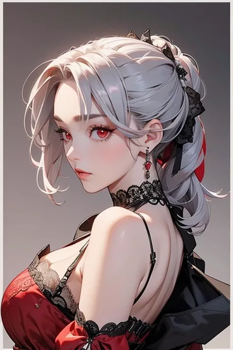     HAIRSTYLE WITH FULL BACK  、(( red eyes)).Silver hair back、 HER HAIR IS SHOULDER LONG .   Clear Eyes、(( lace Victorian dress  )).(( different angles)).