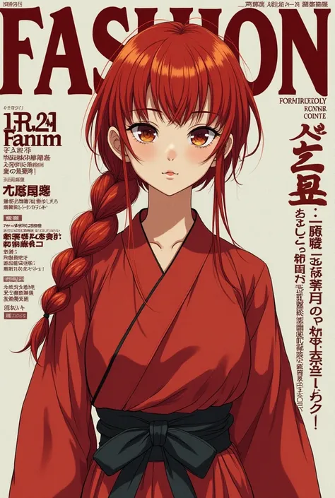 Create a cover of a fashion magazine with Ranma Saotome, a hyperrealistic girl with her kungfu costume and long braid as the main character of the cover and with background texts as if she were a real magazine. Red-haired hyperrealism. hyperrealist . real....