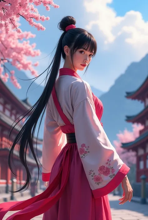 "4K anime style quality, digital drawing mode, a graceful and strong female fighter with long black hair tied into a bun, wearing a martial arts gi with vibrant red and pink accents, standing in a serene mountain village with cherry blossoms in bloom, full...