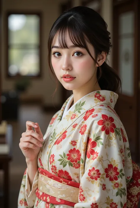 top quality, Masterpiece, super high resolution during recording , beautiful Japanese girl , Kind Face, green eyes , kind smile, curvy body, big boobs, Up Hair Brown, Japanese Style Women's Cloth Outfit , Japanese kimono, in an old-fashioned roo...