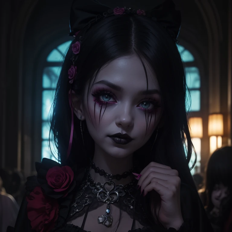 a close up of a person sitting on a table with a voodoo doll, alice in wonderland cyberpunk, goth clown girl, portrait of jinx from arcane, ever after high, alice x. zhang, shalltear from overlord, creepy clown girl, high detailed official artwork, like al...