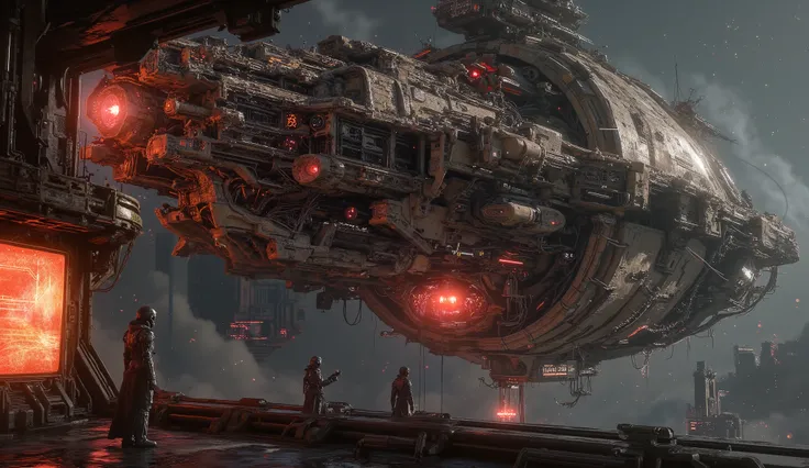 "A massive, menacing spaceship looms outside a futuristic space station's observation deck, its jagged, battle-scarred hull illuminated by fiery red energy erupting from its underbelly. The dark void of space surrounds the colossal warship, with distant st...