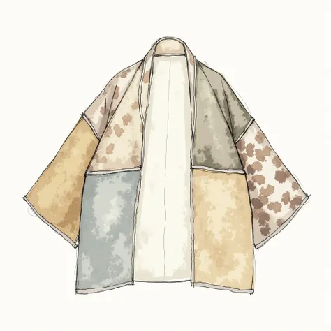 A hand dawning, blending pencil and watercolor sketch of a minimalist patch-work Yukata jacket made from natural tie dye, contemporary design, aesthetic in  Sashiko or Boro technique, The sketch is presented on textured sketchbook paper, with delicate penc...