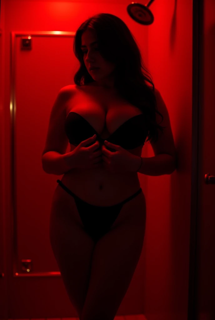 Silhouette of a woman with big breasts in a black bikini, her hands on her breasts, perfect curves, big breasts, in a shower with glass doors , red tone