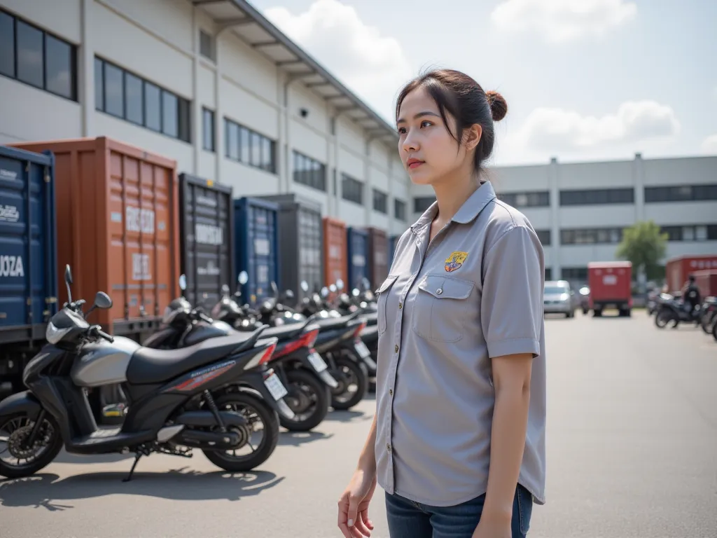 A woman dressed as a factory worker is seen standing in front of the plastic factory parking lot, with many Indonesian motorbikes and Indonesian box trucks parked neatly, looking in an oblique direction,