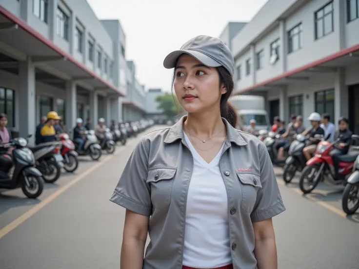 A woman dressed as a factory worker is seen standing in front of the plastic factory parking lot, with many Indonesian motorbikes and Indonesian box trucks parked neatly, looking in an oblique direction,