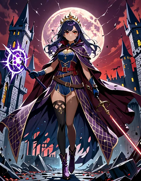 masterpiece, best quality, hires, solo, solo focus, 1girl, mid-twenties aged female witch, sorceress, dark blue hair with light blue accents, long hair, swept bangs, bangs, golden tiara on head, brown-hazel eyes, (deep blue ripped sorceress robe, stormy pu...