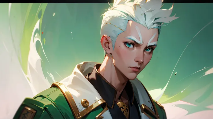 there is a young man with a white mohawk and a green jacket, character art closeup, a portrait of the character, a character portrait, character portrait closeup, detailed character portrait, painted character portrait, character painting, character artwor...