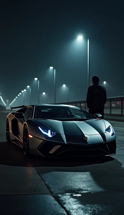 ((masterpiece8k,  best quality,  Hi-Res:1.3)), (Stand next to a black or gunmetallic Lamborghini Aventador in the middle of a dark night ),　(Black or gunmetallic Lamborghini Aventador),Lamborghini has a low ride height