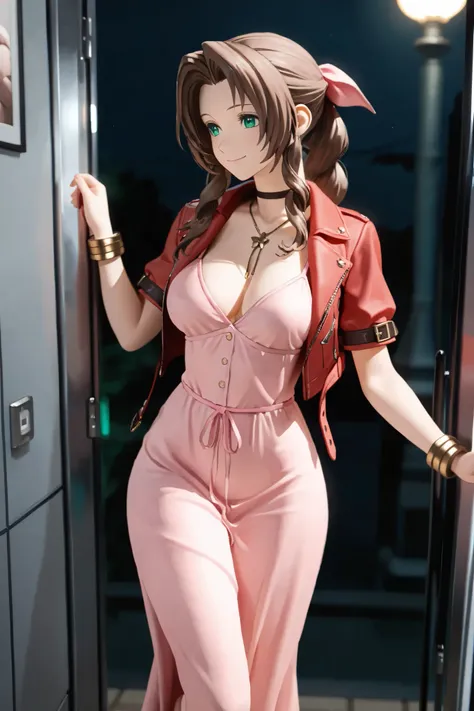 NSFW, Masterpiece, top quality, Hi-Res, very detailed,Aerith\( Final Fantasy VII\), Hiding in Large Luggage 、 hair bow、 pink ribbon on the upper body、 choker、 necklace、 cropped jacket、 Red Jacket 、Short sleeve、 pink dress、 long dress, downtown at night