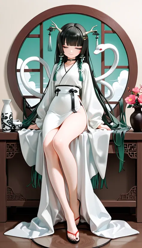 1girl, closed eyes, black long braids Hair, dark green Gradient Hair, blunt bangs, hime cut, soft smile, snake, horns, flat Breast, Traditional office suit, high waist, side slit long skirt, Choker, bare legs, foot, toenails, black nails, masterpiece, best...