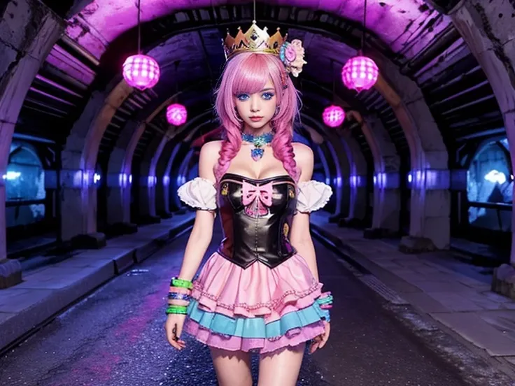 In Underworld Realm, In Underground city,  in Underground world, underground kingdom, castle in background, (Awkward,blush :1.3),Alafi girls take photos in colorful clothes, y 2 k cutecore crowncore, Lovely Decora Rainbow Core, Lovely high quality renderin...