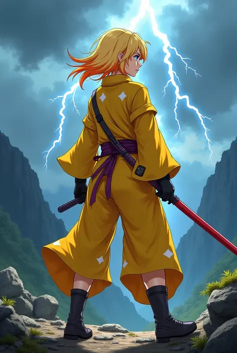 "4K anime style quality, digital drawing mode, a nervous but talented female swordsman with shoulder length blonde hair and orange tips, wearing Zenitsu’s signature yellow haori with white triangles, with lightning patterns as thunder strikes in the backgr...