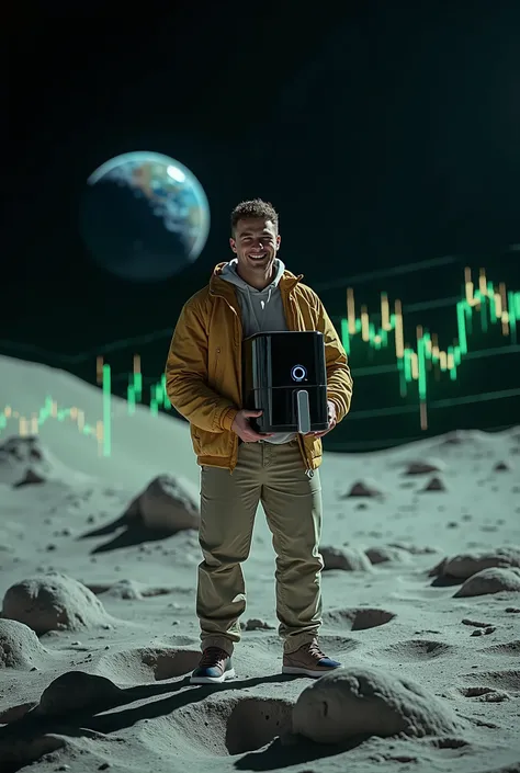 THE AIRFRYER GUY ON TIKTOK HOLDING HIS AIRFRYER WHILE THE BACKGROUND IS ON THE MOON AND HAS A GREEN CRYPTO CHART