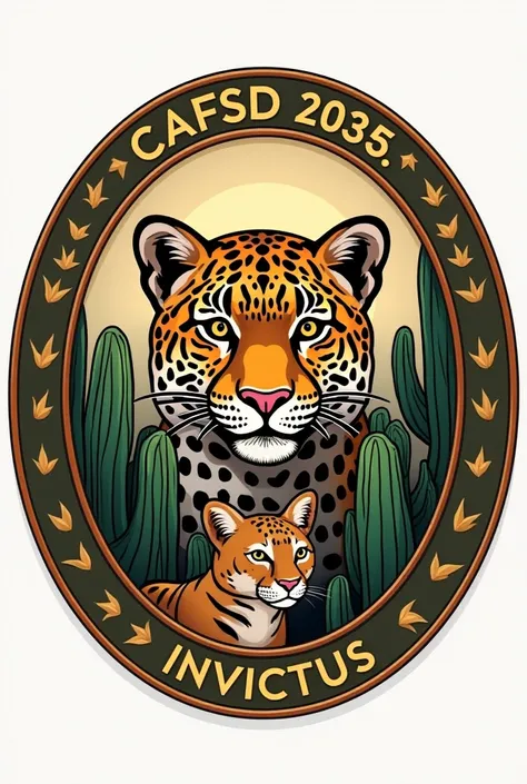 A circle-shaped coat of arms containing the head of the Caatinga brown jaguar in the center (Puma) And some cacti  , Above the circle the name CFSD 2024.1 and at the bottom of the circle the name INVICTUS 