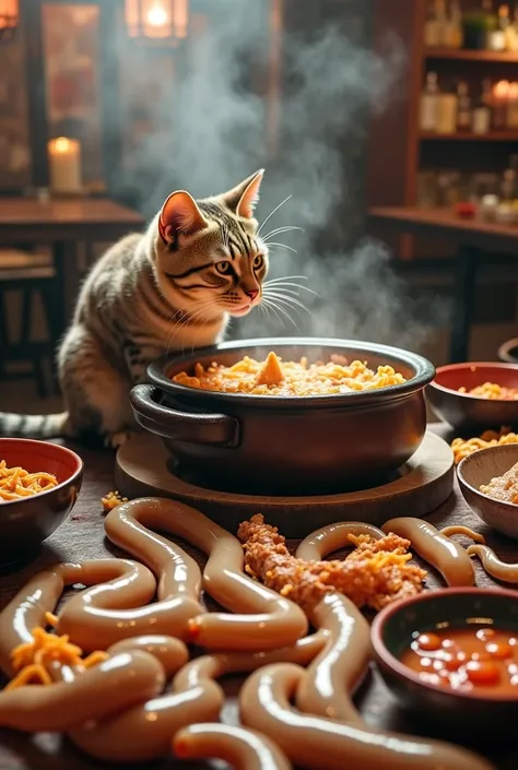  a mackerel cat that shares hot pot dishes where a large amount of eels are crawling around。 an eel escapes from the pot and 、The floor is full of eels 。 at a dirty hot pot restaurant 。The clerk and the cat 。 the clerk's cats are wandering 。 high image qua...