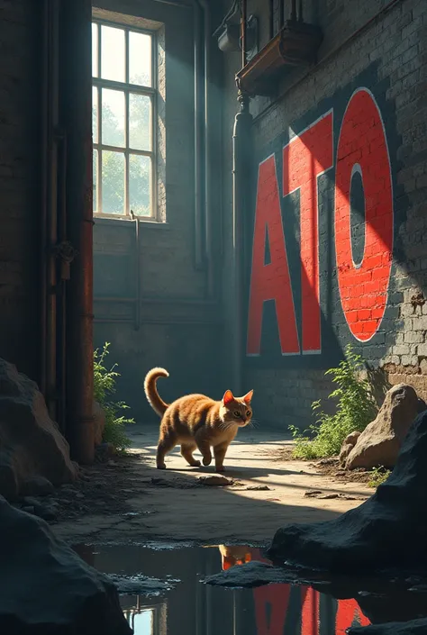 During the day there is a cat in an abandoned factory with pools of water there is a wall with a graffiti mural painted with the word ATO in capital letters in red colors,  black and white
