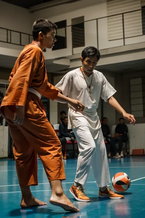 ustad uses white gamis up to the feet,  black priest with cross necklace and trousers, monk with orange robes covering up to his eyeballs. they were playing futsal together in 1 frame. his ball is a futsal ball. they are indonesian people with indonesian f...