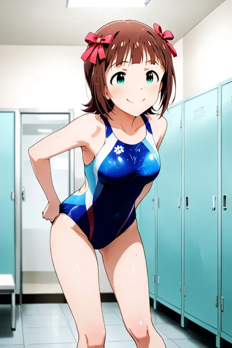 Idolmaster with amami haruka,artistic swimming olympic swimsuit,changing room,smile face