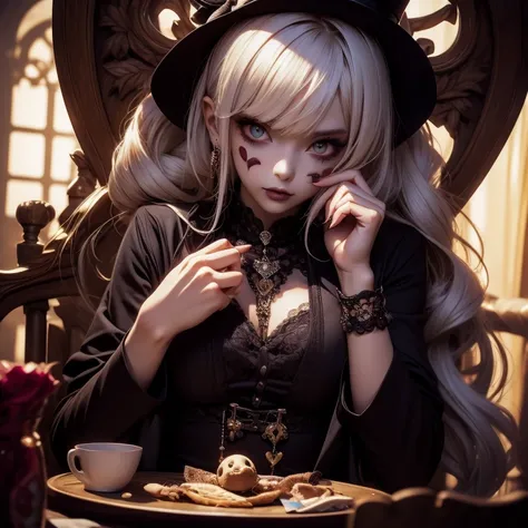 a close up of a person sitting on a table with a voodoo doll, alice in wonderland cyberpunk, goth clown girl, portrait of jinx from arcane, ever after high, alice x. zhang, shalltear from overlord, creepy clown girl, high detailed official artwork, like al...