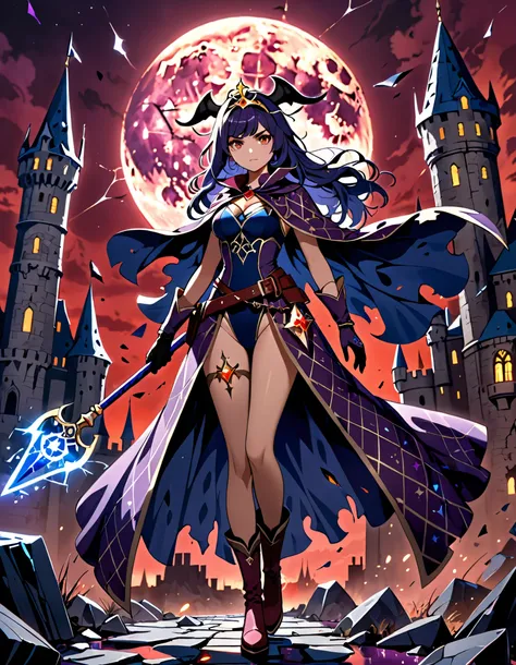 masterpiece, best quality, hires, solo, solo focus, 1girl, mid-twenties aged female witch, sorceress, dark blue hair with light blue accents, long hair, swept bangs, bangs, golden tiara on head, brown-hazel eyes, (deep blue ripped sorceress robe, stormy pu...